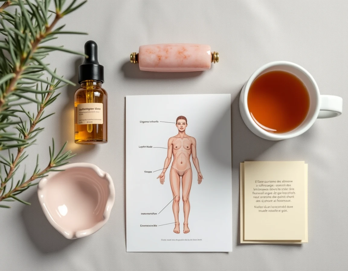 Mise en scène flat lay des accessoires de drainage lymphatique pour ventre gonflé : huile, rouleau et infusion