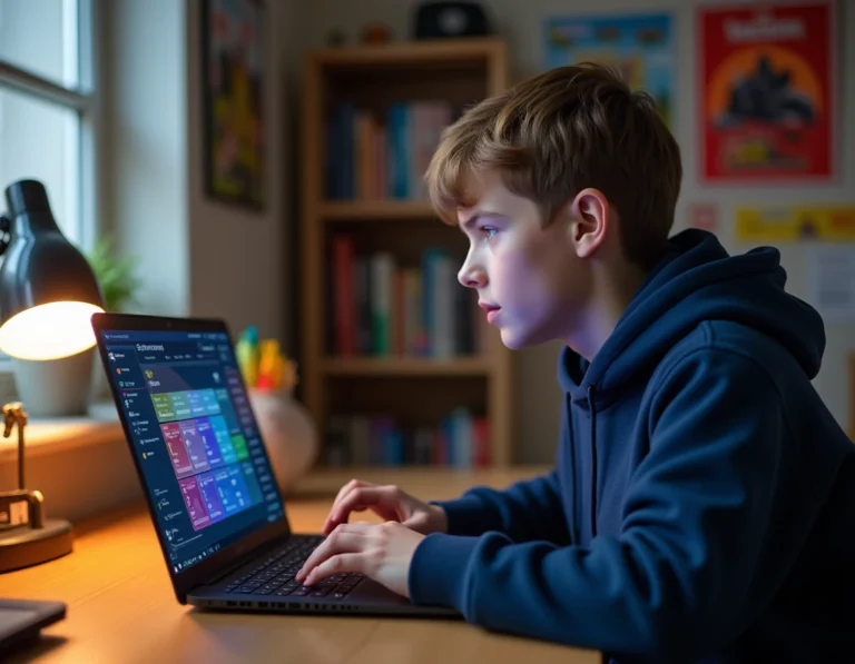 Adolescent consultant son temps de jeu Roblox sur un ordinateur portable dans sa chambre