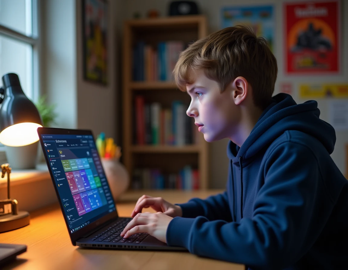 Adolescent consultant son temps de jeu Roblox sur un ordinateur portable dans sa chambre