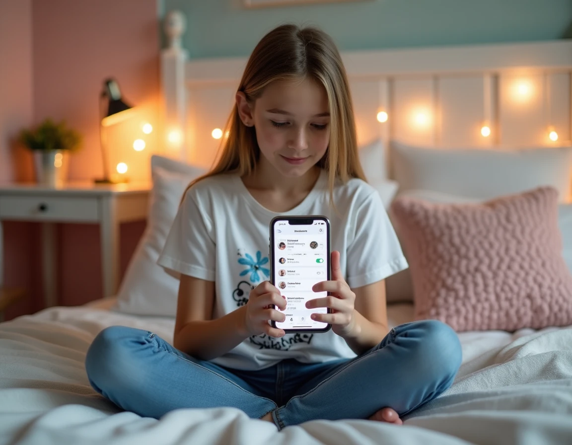 Adolescente vérifiant son temps de jeu Roblox sur smartphone depuis sa chambre