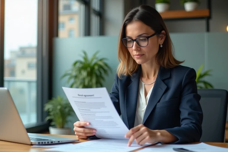 Femme agent immobilier analysant un contrat de bail avec loyer brut et net dans une agence moderne