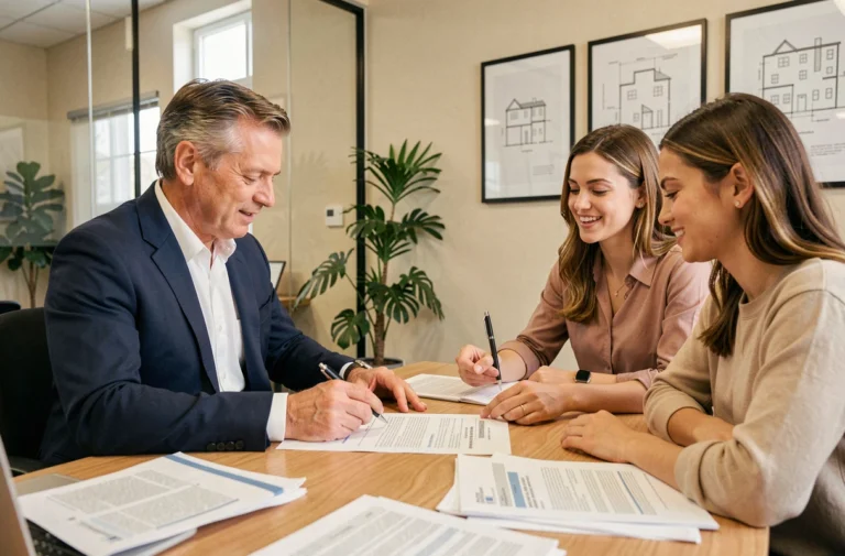 Agent immobilier expliquant un contrat d'assurance immobilière à un couple dans un bureau moderne