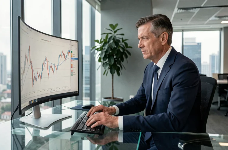 Homme d'affaires analysant des tendances financières sur un écran dans un bureau moderne en 2024
