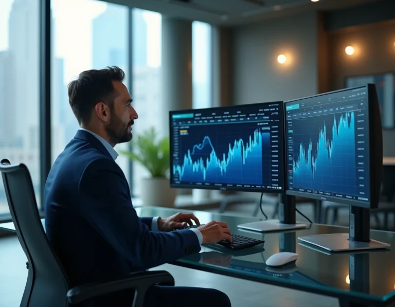 Analyste financier en costume marine étudiant des graphiques de cryptomonnaie Sestrel sur des écrans dans un bureau moderne
