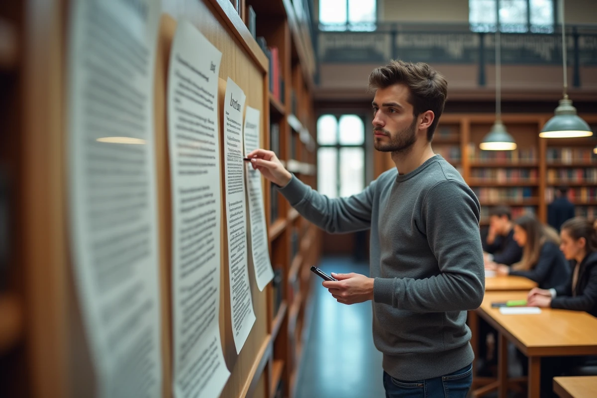 Étudiant en droit affichant un extrait de l'article 14 de la DDHC sur un panneau dans une bibliothèque universitaire française