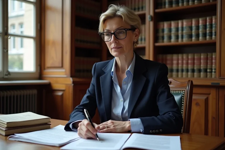 Femme juriste étudiant des documents fiscaux liés à l'article 14 de la Déclaration des Droits de l'Homme et du Citoyen dans un bureau parisien