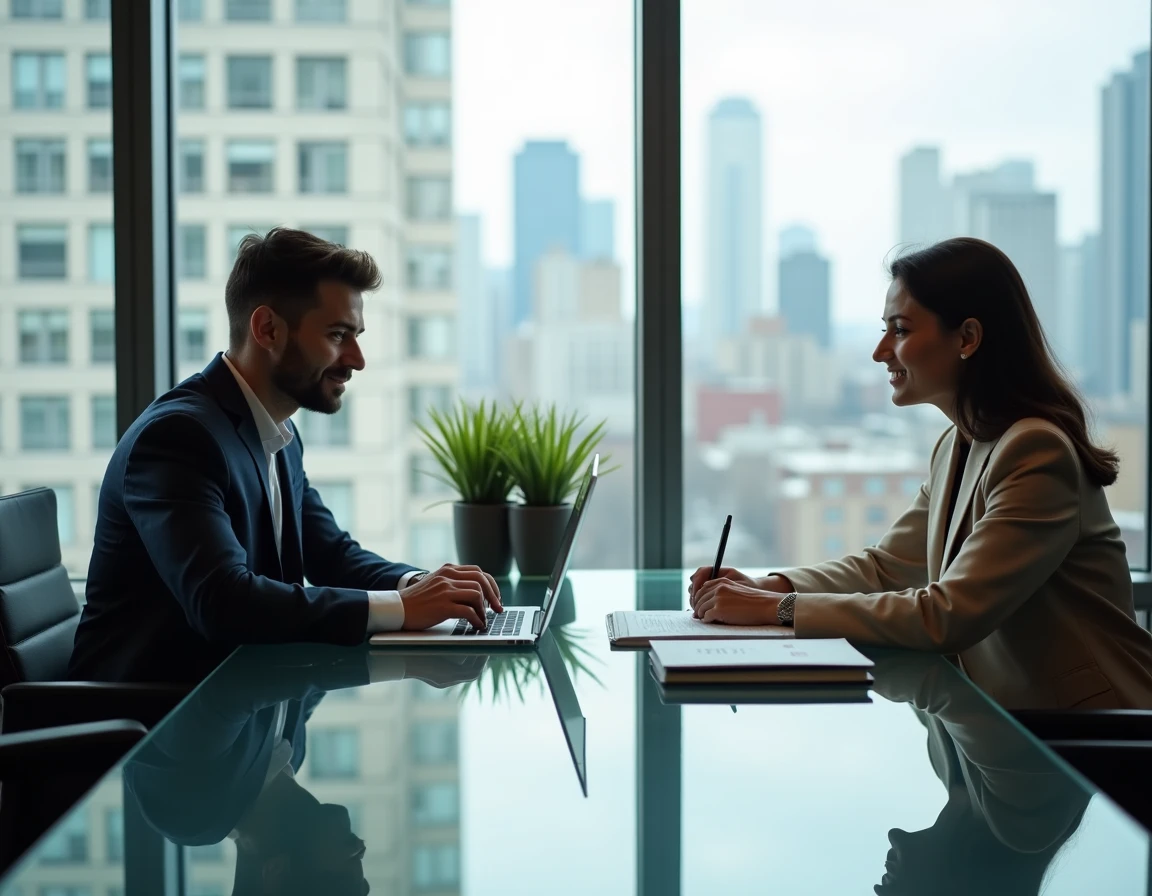 Deux associés collaborant sur le lancement de leur activité commerciale autour d'une table de réunion moderne avec Maestro Business