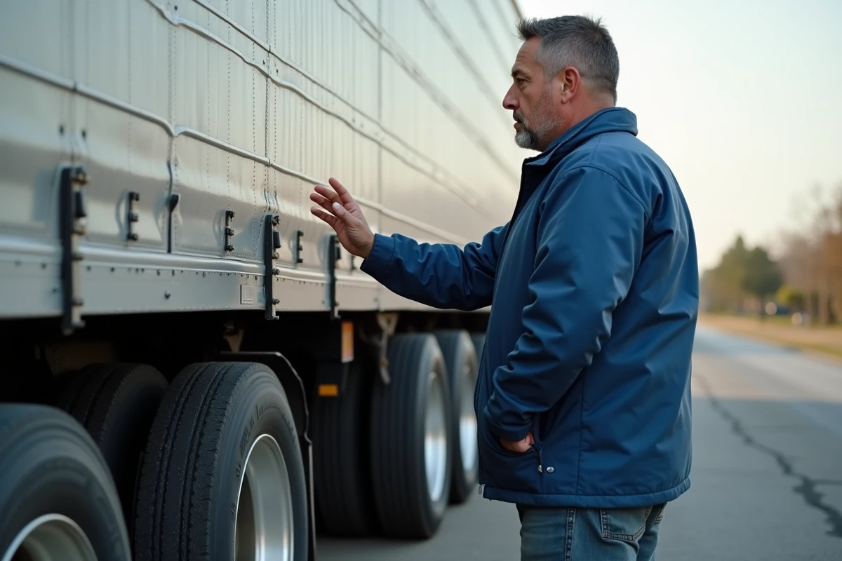 Chauffeur de camion expliquant les dimensions d'une semi-remorque dans un parc à camions, axle et hauteur du véhicule visibles