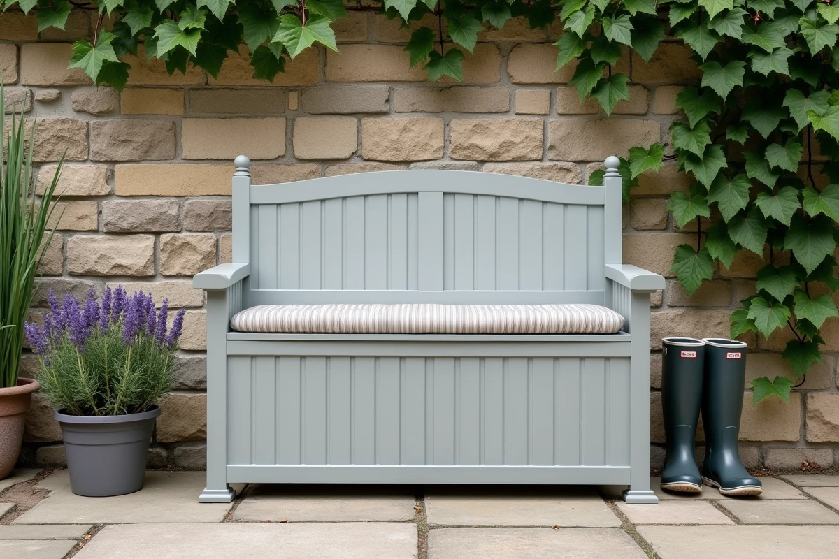 Coffre de jardin en bois gris clair servant de banc de rangement avec coussin rayé devant un mur en pierre couvert de lierre