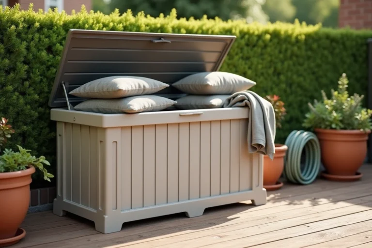 Coffre de jardin en résine beige ouvert sur une terrasse en bois avec des coussins rangés à l'intérieur