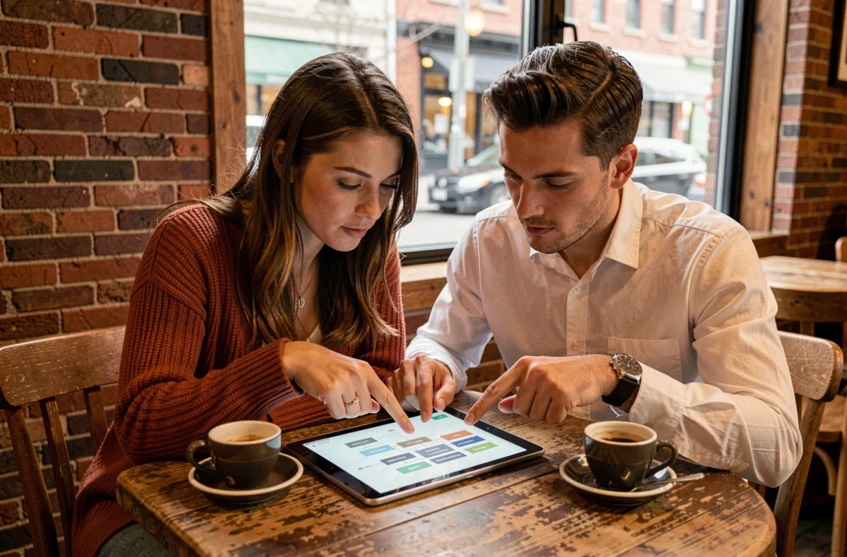 Deux collègues consultant un plan de site sur tablette dans un café pour améliorer leur navigation