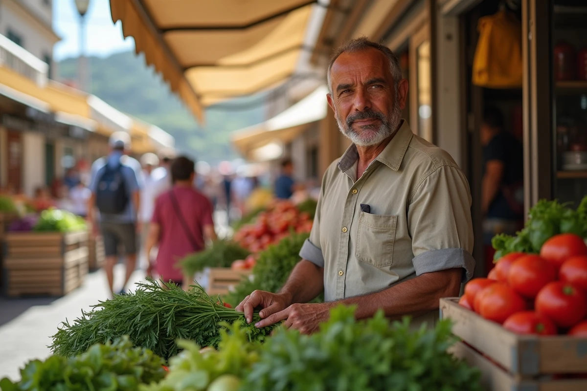 Commerçant d'origine nord-africaine à son étal sur le marché d'Ajaccio en Corse, reflet de la diversité culturelle et religieuse de la population insulaire