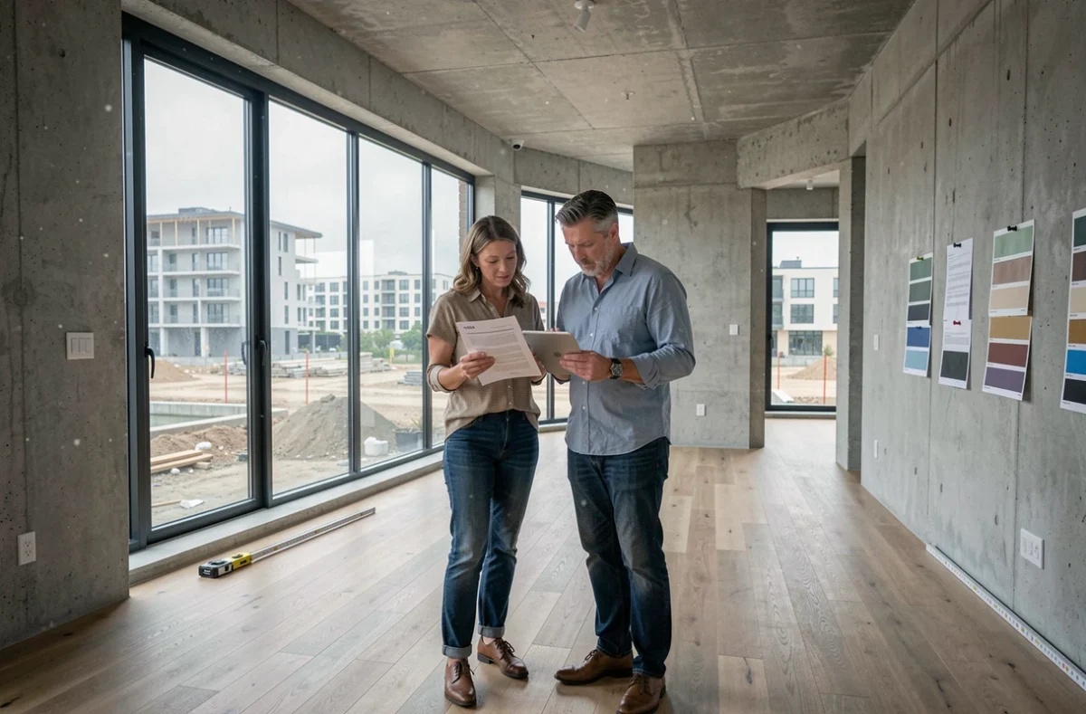 Couple inspectant un appartement neuf non meublé et consultant un contrat avant de négocier le prix