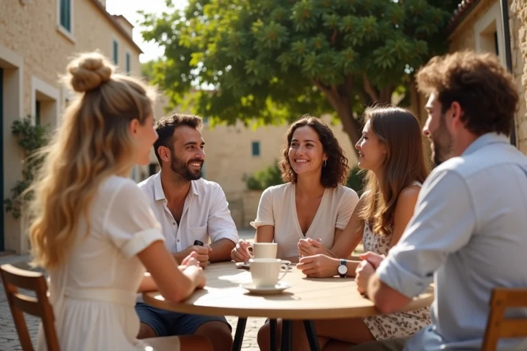 Groupe de personnes diverses discutant en terrasse d'un café dans un village traditionnel de Corse, illustrant le tissu social et démographique de l'île