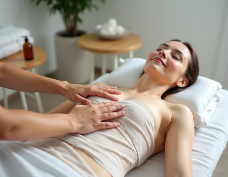 Femme recevant un drainage lymphatique abdominal dans un centre de bien-être moderne