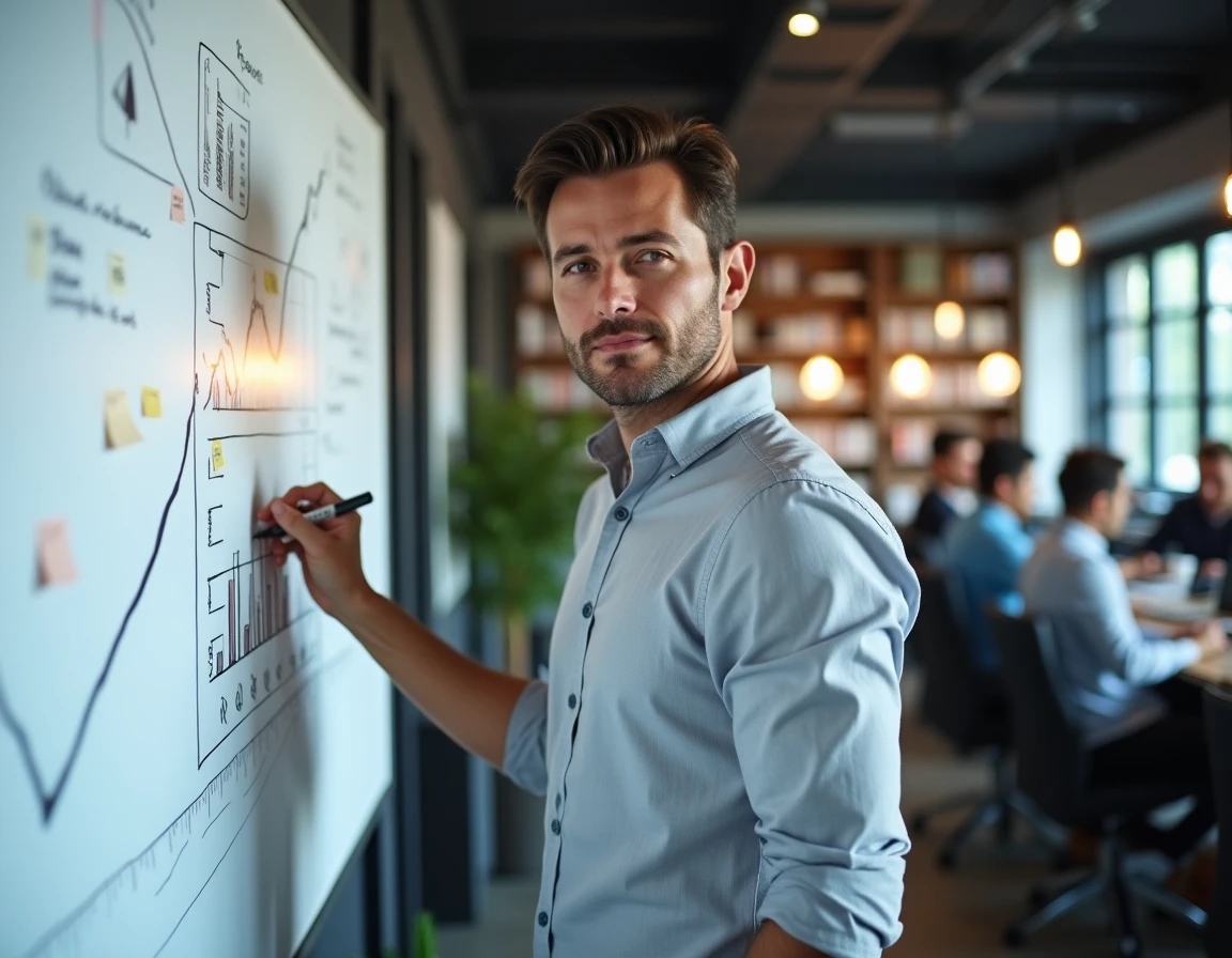 Entrepreneur masculin présentant une stratégie de développement commercial sur tableau blanc dans un bureau professionnel Maestro Business