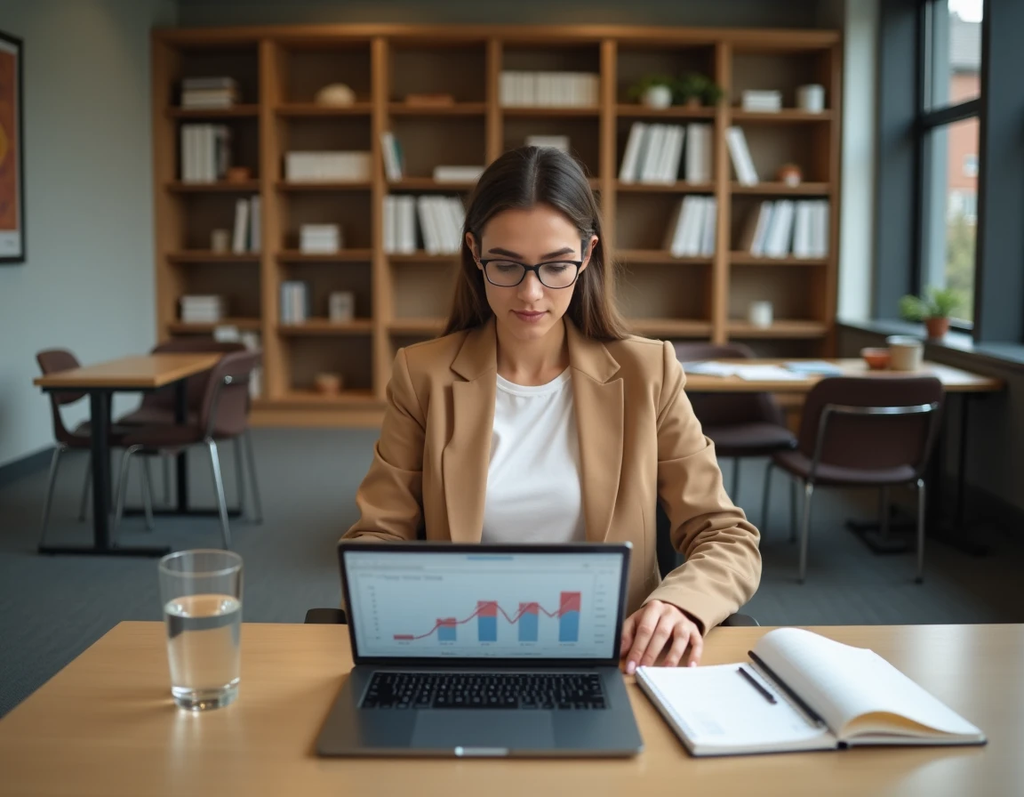 Jeune entrepreneuse consultant des ressources documentaires dans un espace de la Chambre de Commerce et d'Industrie