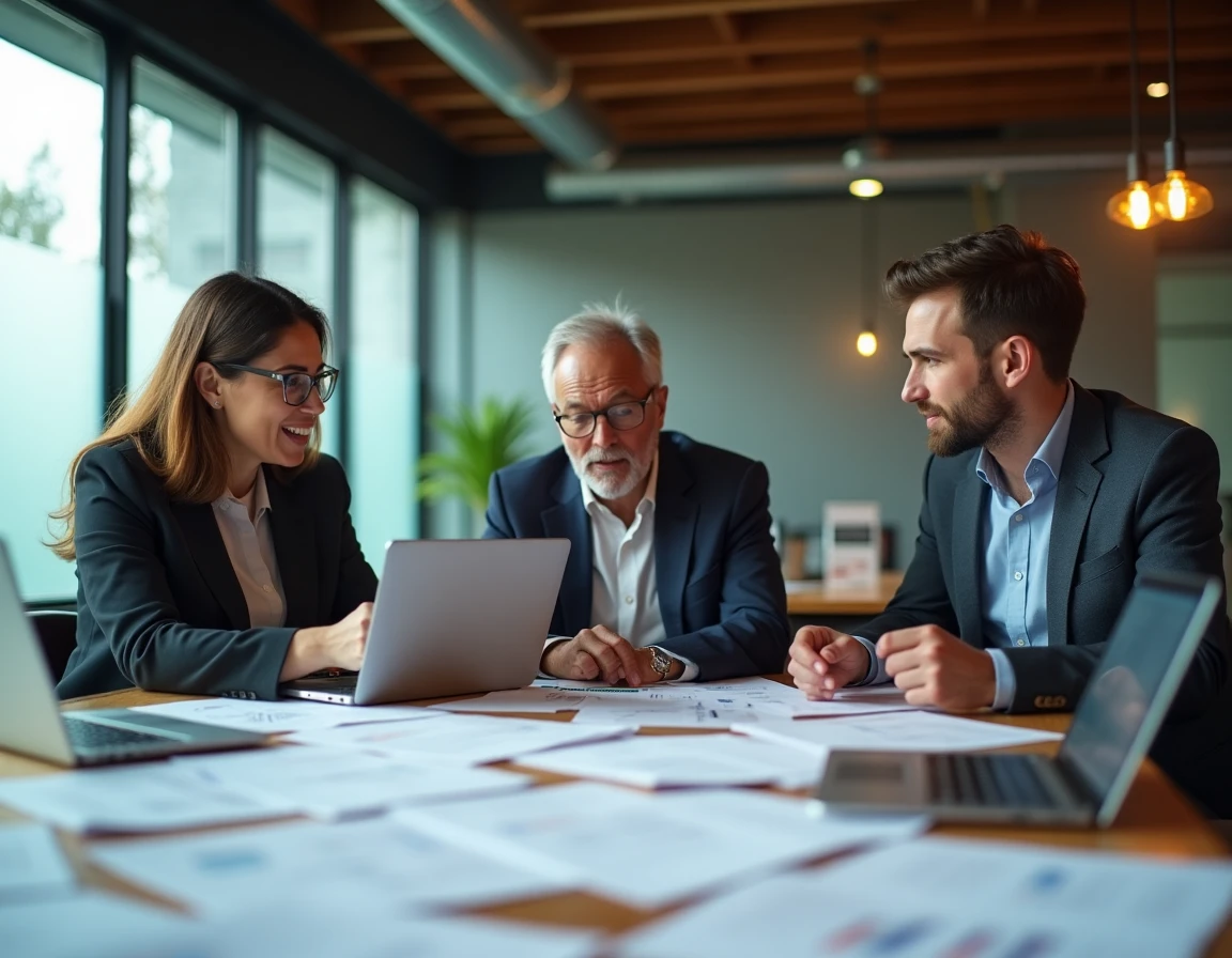 Équipe de professionnels discutant du lancement de la cryptomonnaie Sestrel autour d'une table de réunion avec des données blockchain