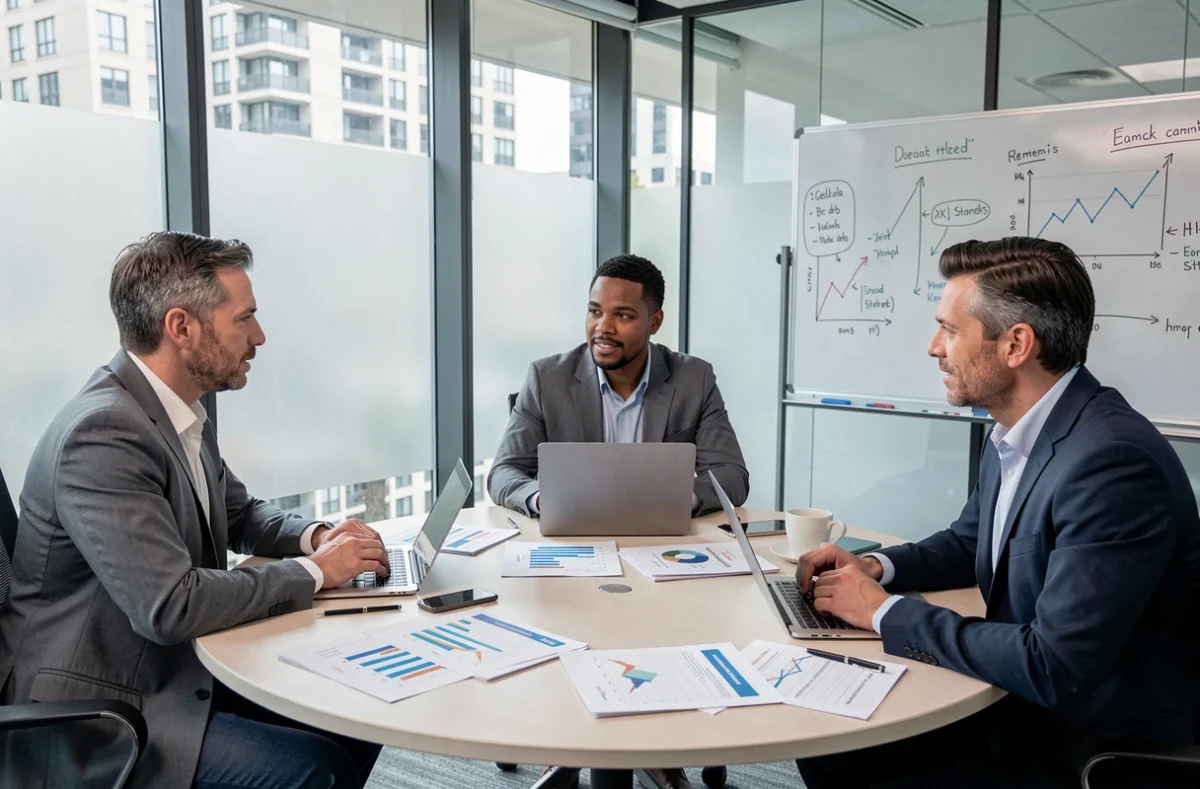 Équipe de professionnels discutant des tendances d'investissement financier autour d'une table de réunion moderne