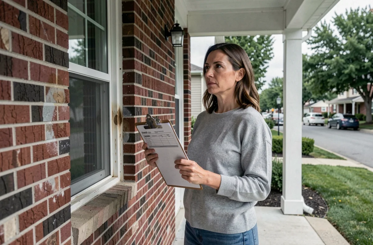 Femme inspectant des dommages sur la façade d'une maison lors d'une expertise d'assurance habitation