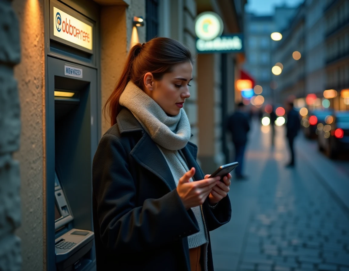 Femme utilisant un distributeur automatique de billets la nuit dans une rue pavée en ville, smartphone en main pour localiser le DAB