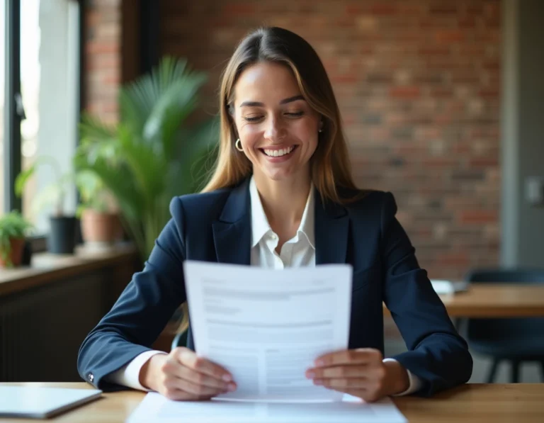 Femme entrepreneur en blazer marine analysant un plan d'affaires dans un espace de coworking moderne pour lancer son activité avec Maestro Business