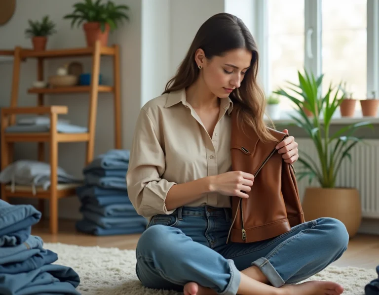 Jeune femme inspectant une veste en cuir d'occasion dans son appartement entourée de vêtements seconde main triés