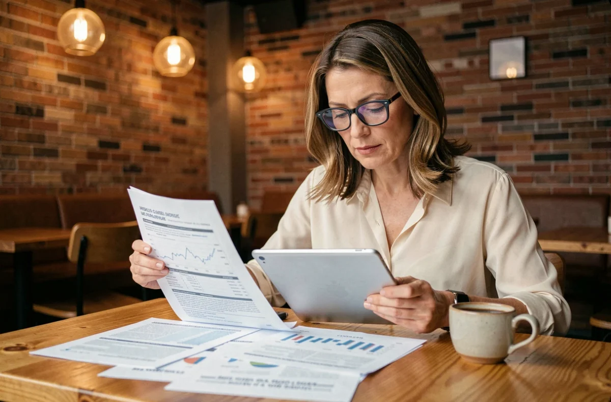 Femme investisseuse consultant des rapports financiers dans un café tendance pour planifier ses investissements