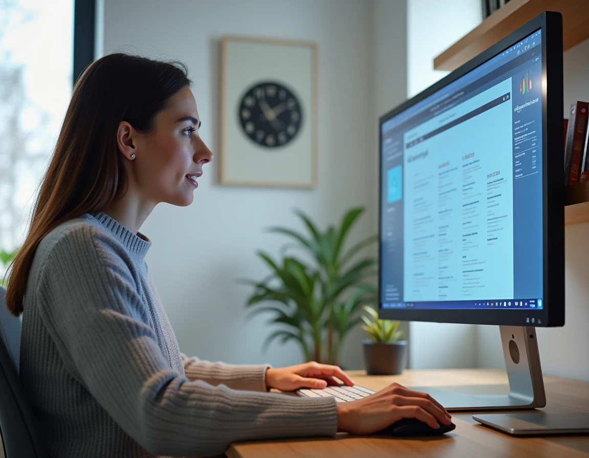 Femme naviguant sur un plan de site web depuis son bureau à domicile avec un écran d'ordinateur