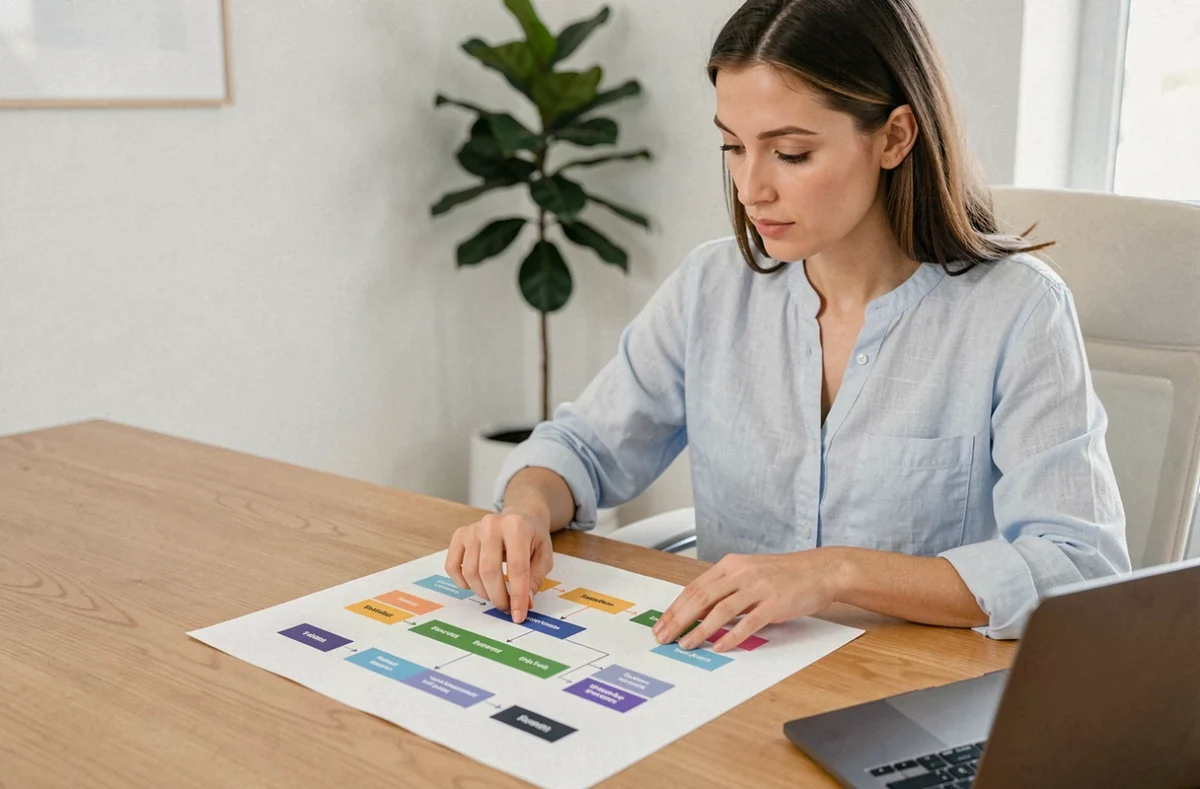 Femme consultant un plan de site imprimé à son bureau pour optimiser sa navigation web
