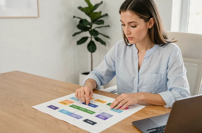 Femme consultant un plan de site imprimé à son bureau pour optimiser sa navigation web