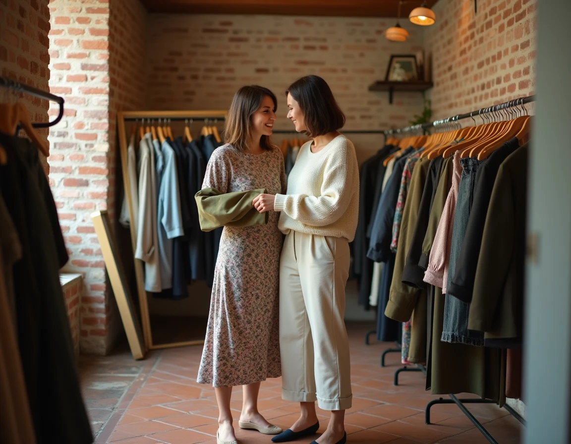 Deux femmes parcourant des vêtements seconde main dans une boutique vintage avec des portants en bois et des murs en briques apparentes