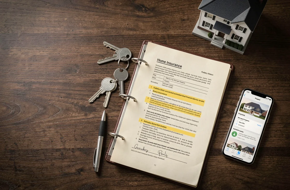 Flat lay d'un dossier d'assurance immobilière avec clés, smartphone et maquette de maison sur bureau en bois