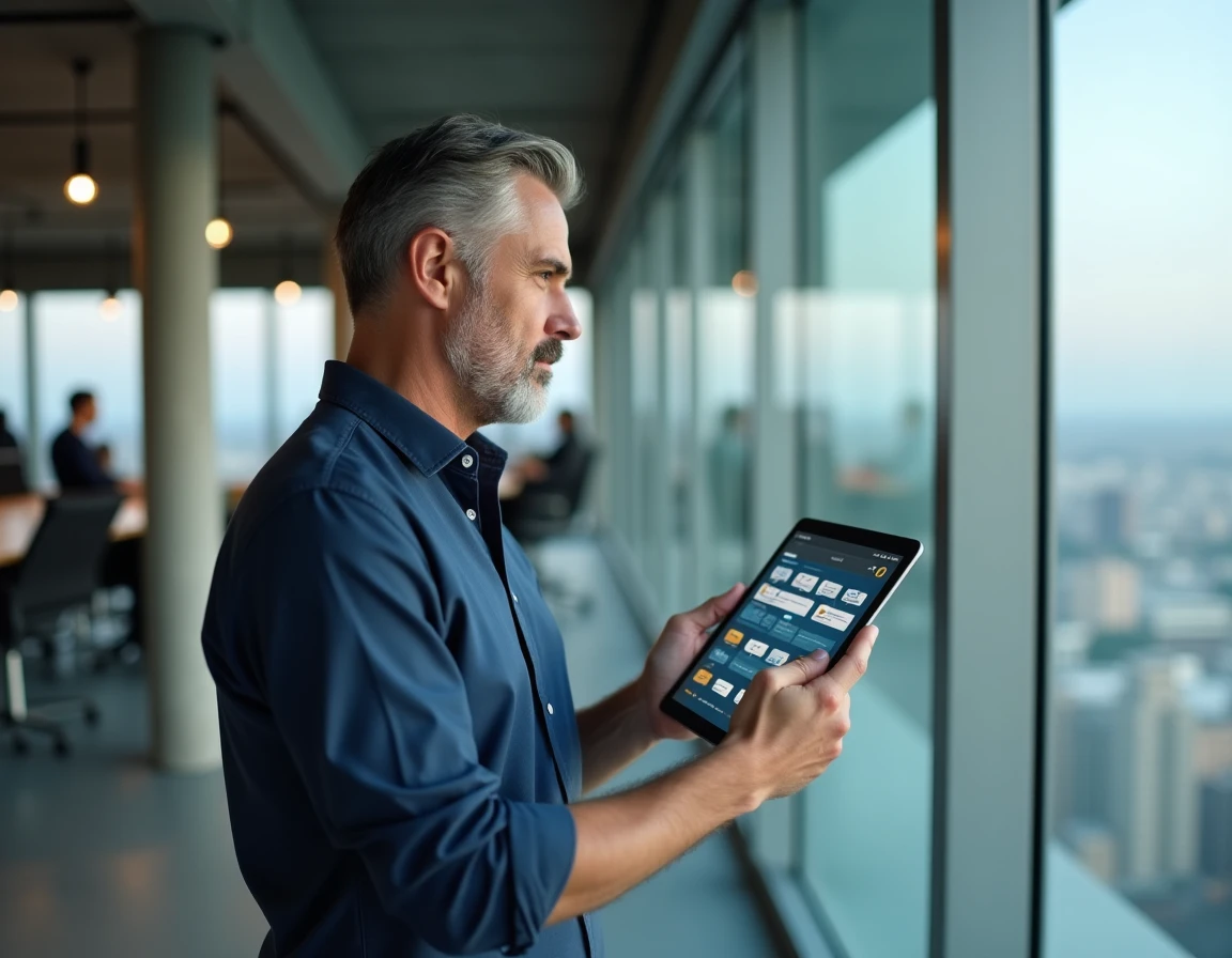 Homme en bureau analysant un plan de navigation de site web sur une tablette numérique