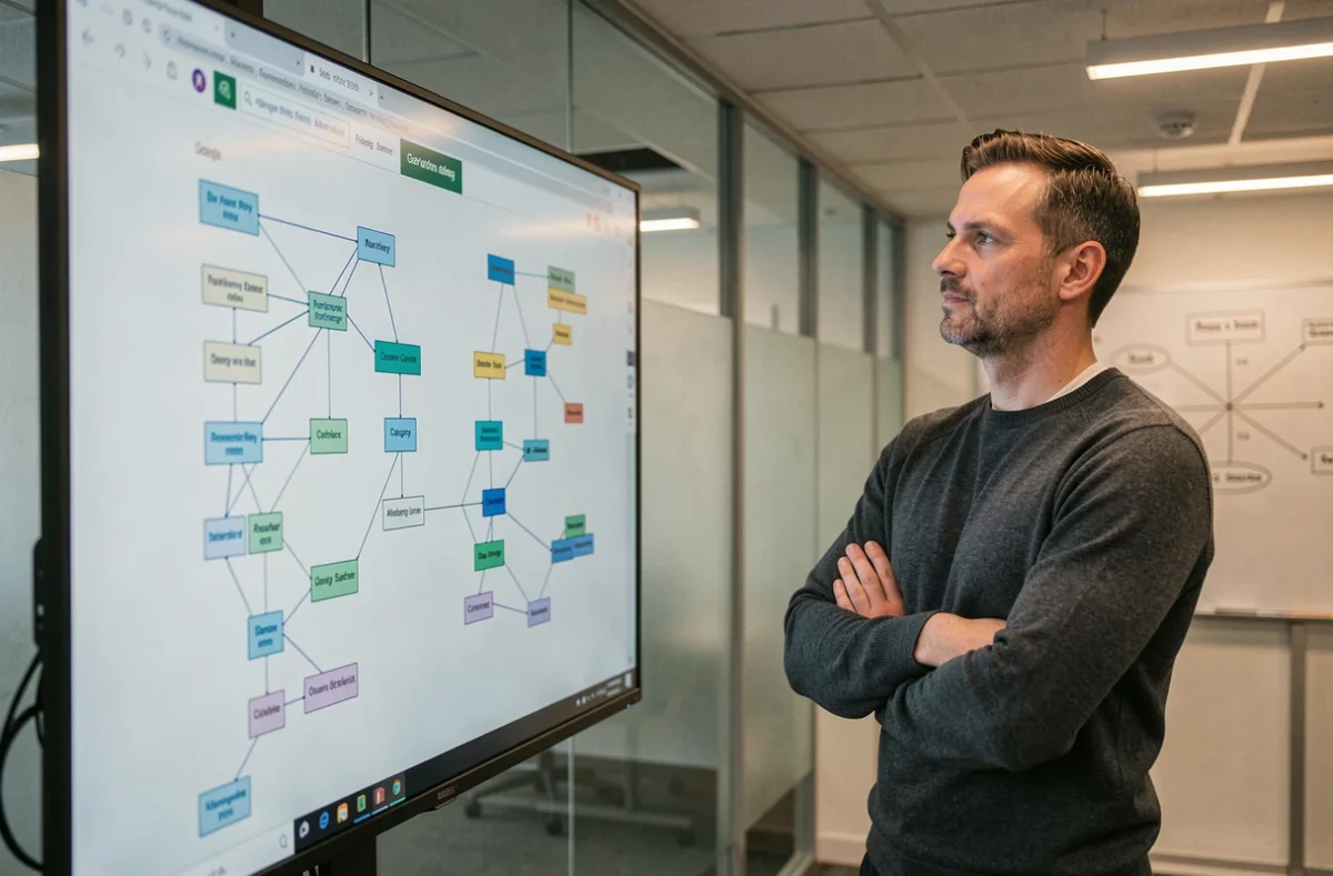 Homme analysant un plan de site structuré sur grand écran dans un bureau professionnel