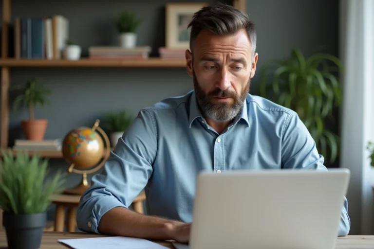 Homme d'âge moyen au bureau moderne concentré sur son écran