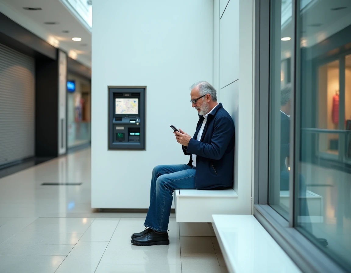 Homme cherchant un distributeur automatique disponible dans un centre commercial en dehors des heures d'ouverture des banques