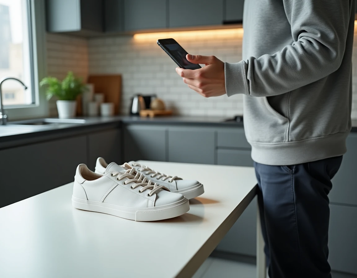 Homme photographiant des sneakers d'occasion pour une annonce de revente sur une plateforme seconde main