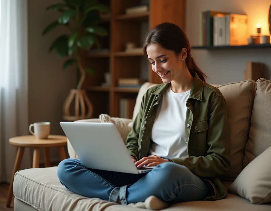 Jeune femme consultant le plan du site d'un journal en ligne depuis son salon sur un ordinateur portable
