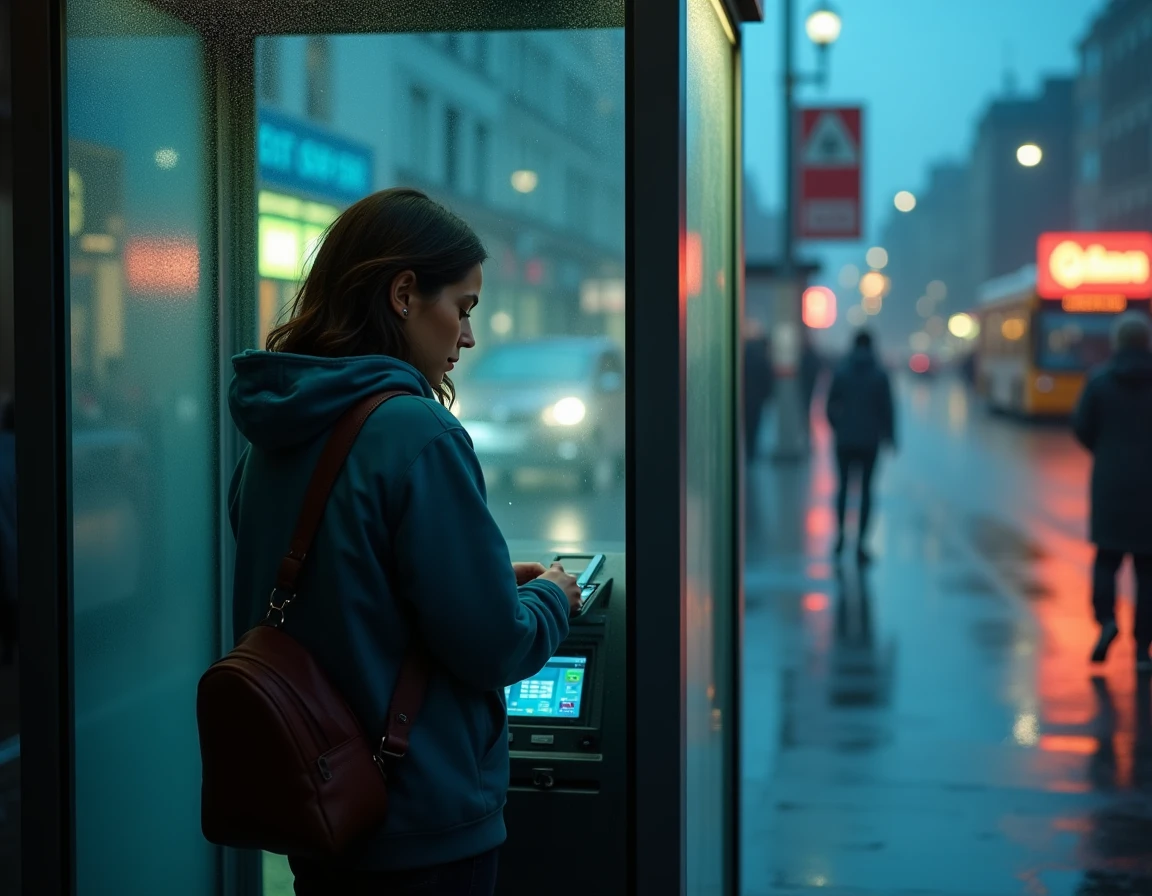 Jeune femme retirant de l'argent dans un vestibule de distributeur automatique sous la pluie en soirée en dehors des horaires bancaires