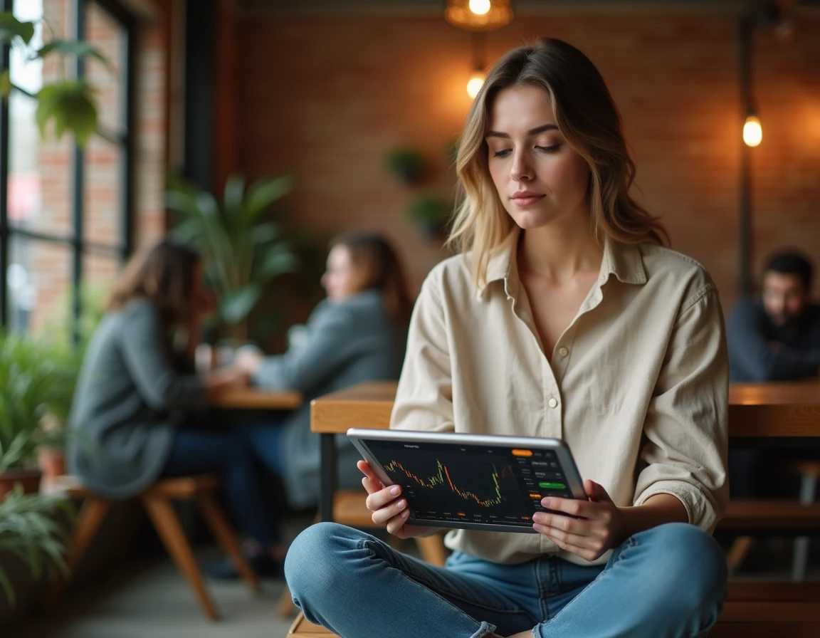 Jeune femme consultant un tableau de bord d'investissement en cryptomonnaie Sestrel sur tablette dans un café
