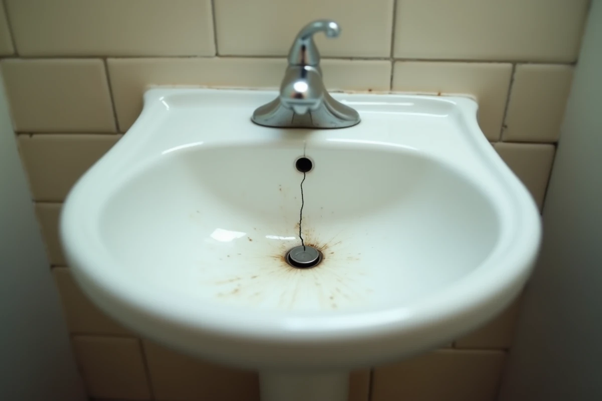 Lavabo en céramique blanche fissuré dans une salle de bain d'appartement, montrant une fracture diagonale visible sur le bord du bassin