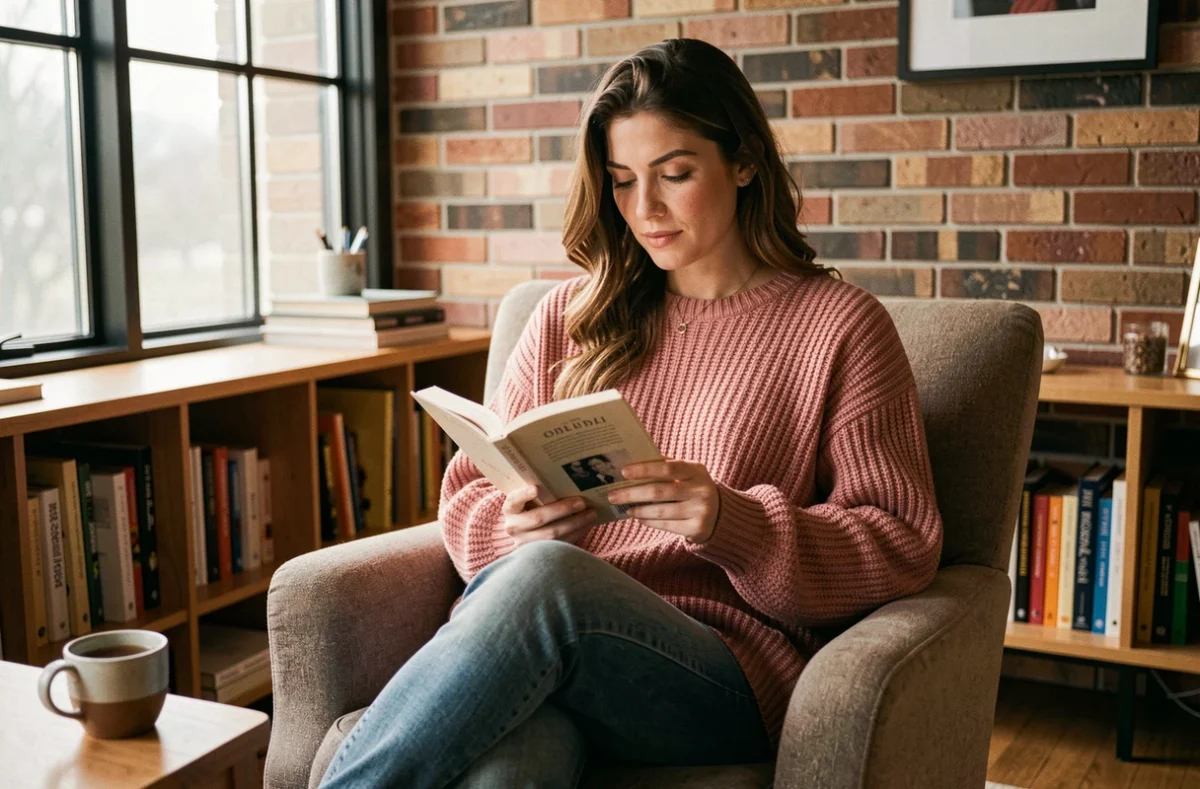 Jeune femme lisant un livre dans un fauteuil confortable près d'une fenêtre pour prendre soin de son bien-être mental au quotidien