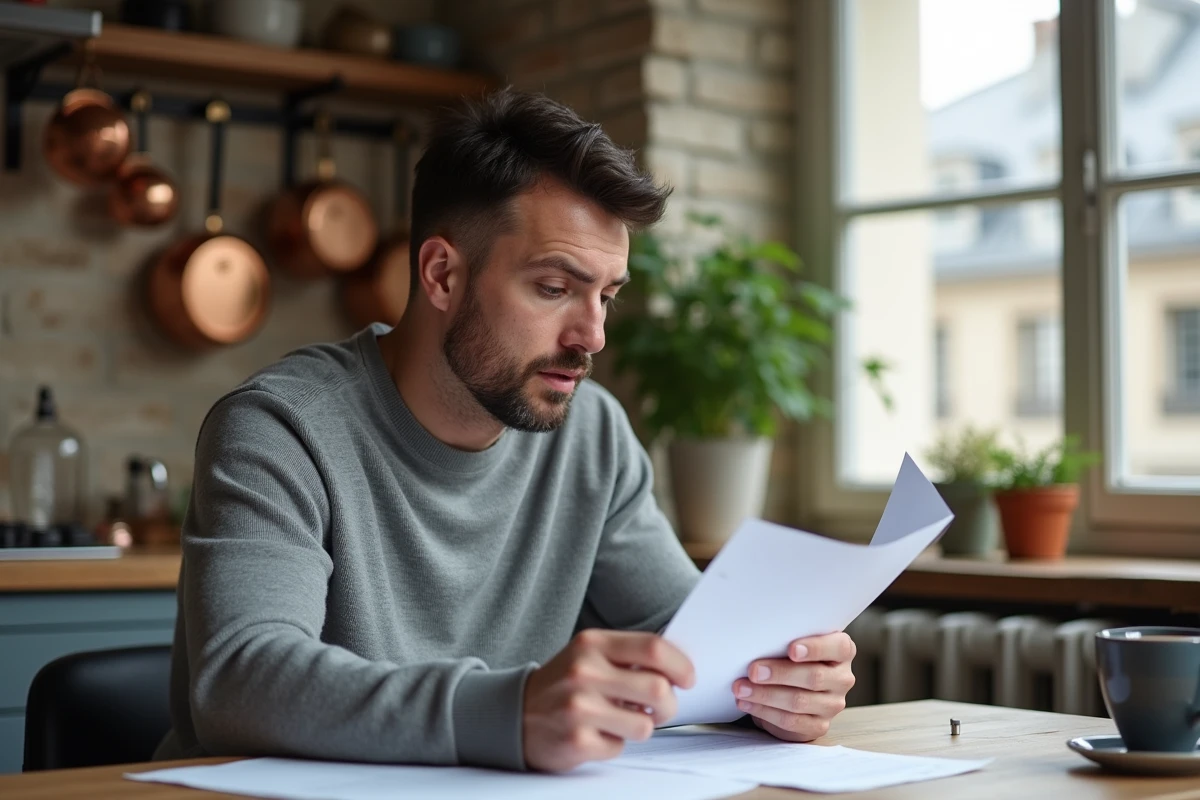 Locataire comparant les documents de loyer brut et loyer net dans un appartement parisien