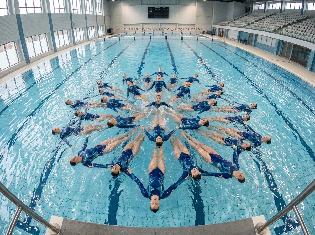 Groupe de nageurs synchronisés en performance dans une piscine