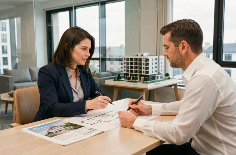 Femme en train de négocier le prix d'un appartement neuf avec un agent immobilier dans un showroom moderne