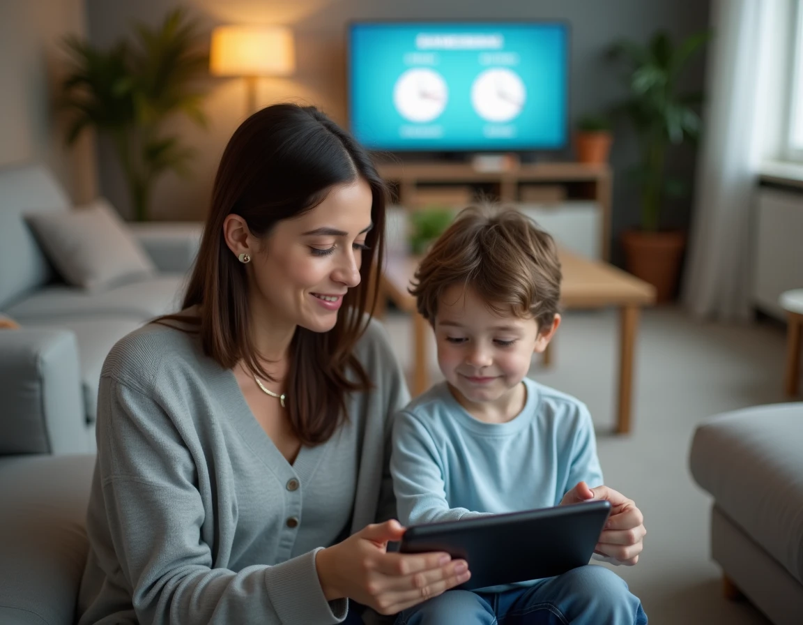 Mère et enfant gérant ensemble le temps de jeu Roblox sur une tablette dans le salon