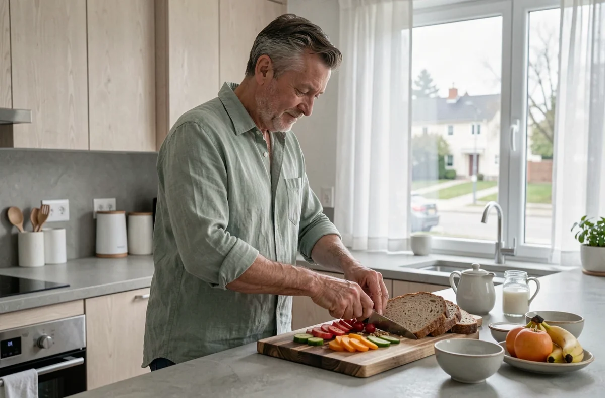 Homme préparant un petit-déjeuner sain et équilibré dans une cuisine scandinave moderne comme conseil de bien-être au quotidien