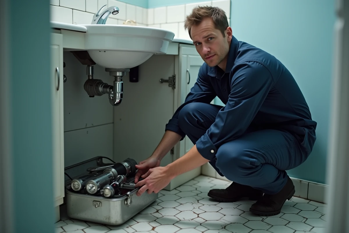 Plombier professionnel inspectant un lavabo fissuré sous le meuble de salle de bain dans un appartement en location