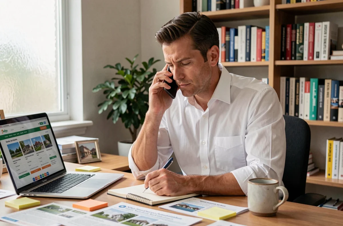 Homme préparant sa stratégie de négociation pour l'achat d'un appartement neuf depuis son bureau à domicile